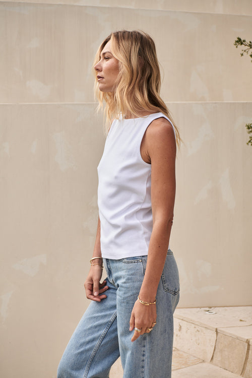 Boat Neck Rib Tank - White in a soft rib knit with a relaxed fit and clean boat neckline for easy layering.