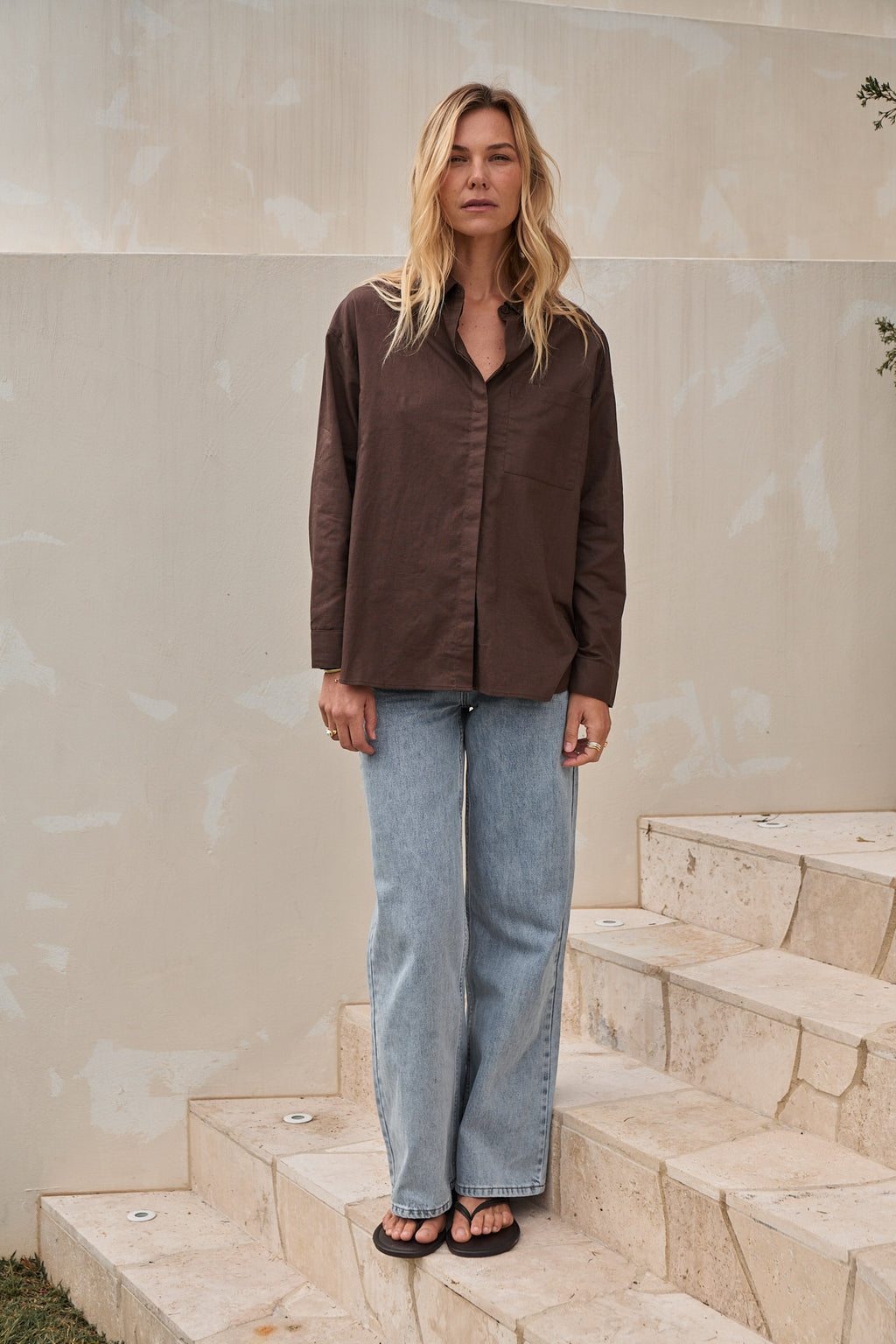 Relaxed Linen Shirt - Chocolate in a slightly heavier linen weave that holds shape and resists creasing for casual layering.
