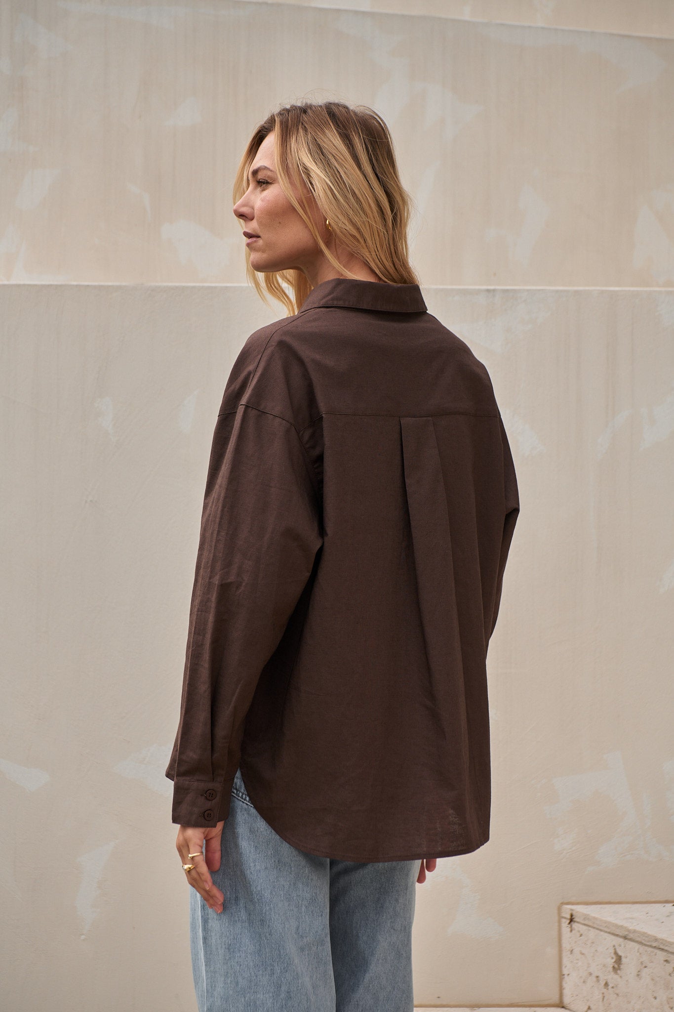 Relaxed Linen Shirt - Chocolate in a sturdy linen with a soft drape and subtle back pleat detail for easy movement.
