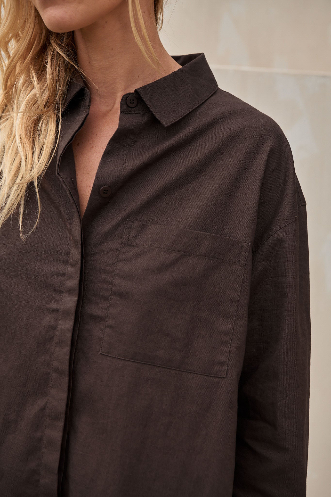Relaxed Linen Shirt - Chocolate in a slightly heavier linen weave with a boxy fit and patch pocket for easy everyday wear.
