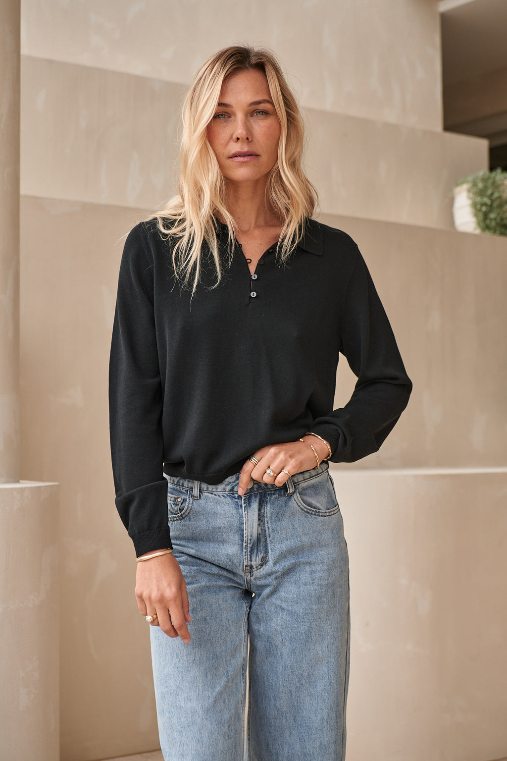 Silk Blend Knit Polo Top - Black in a soft knit with a classic collar and button placket, perfect for relaxed womenswear looks.