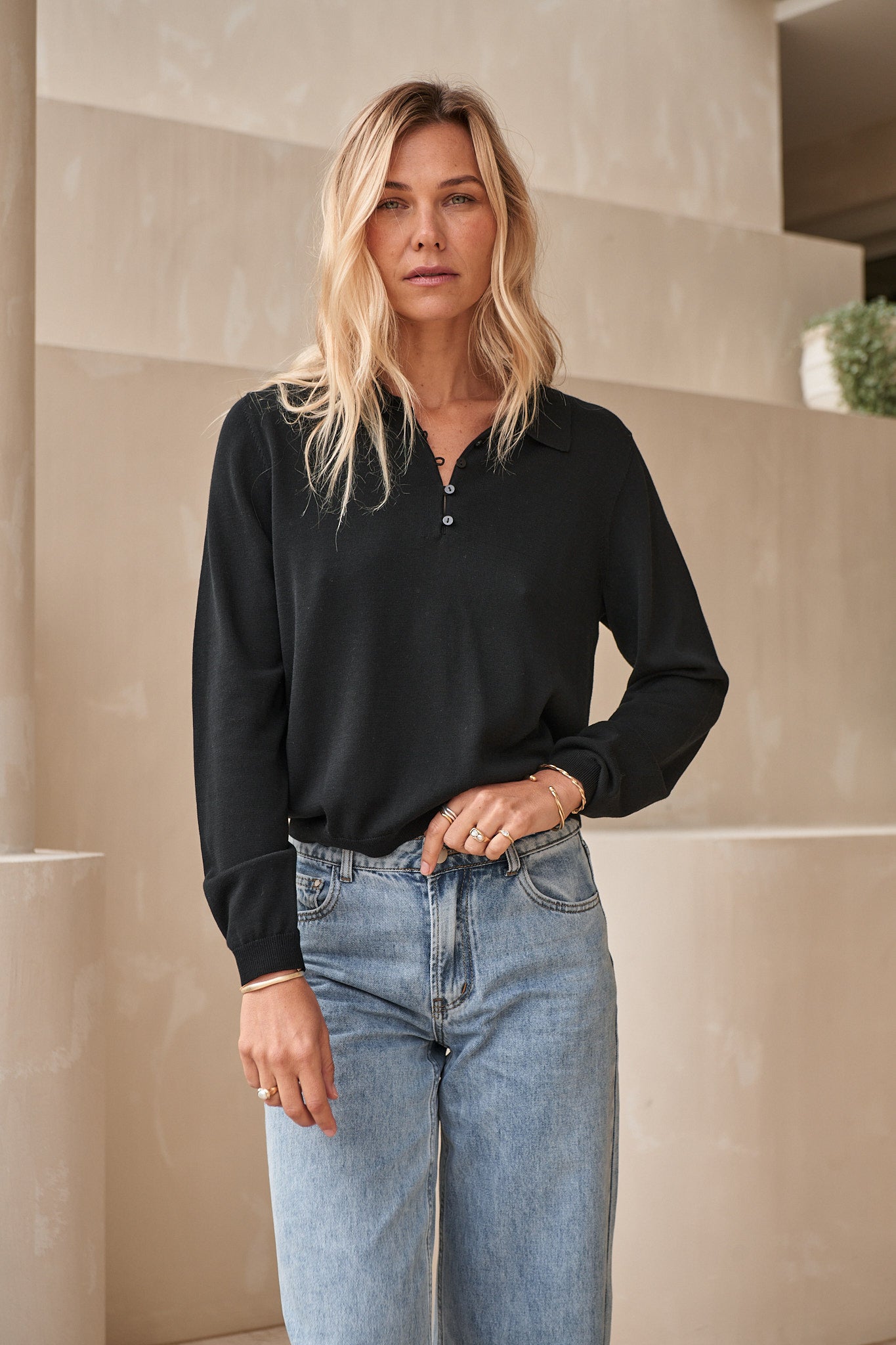 Silk Blend Knit Polo Top - Black in a soft knit with a classic collar and button placket, perfect for relaxed womenswear looks.