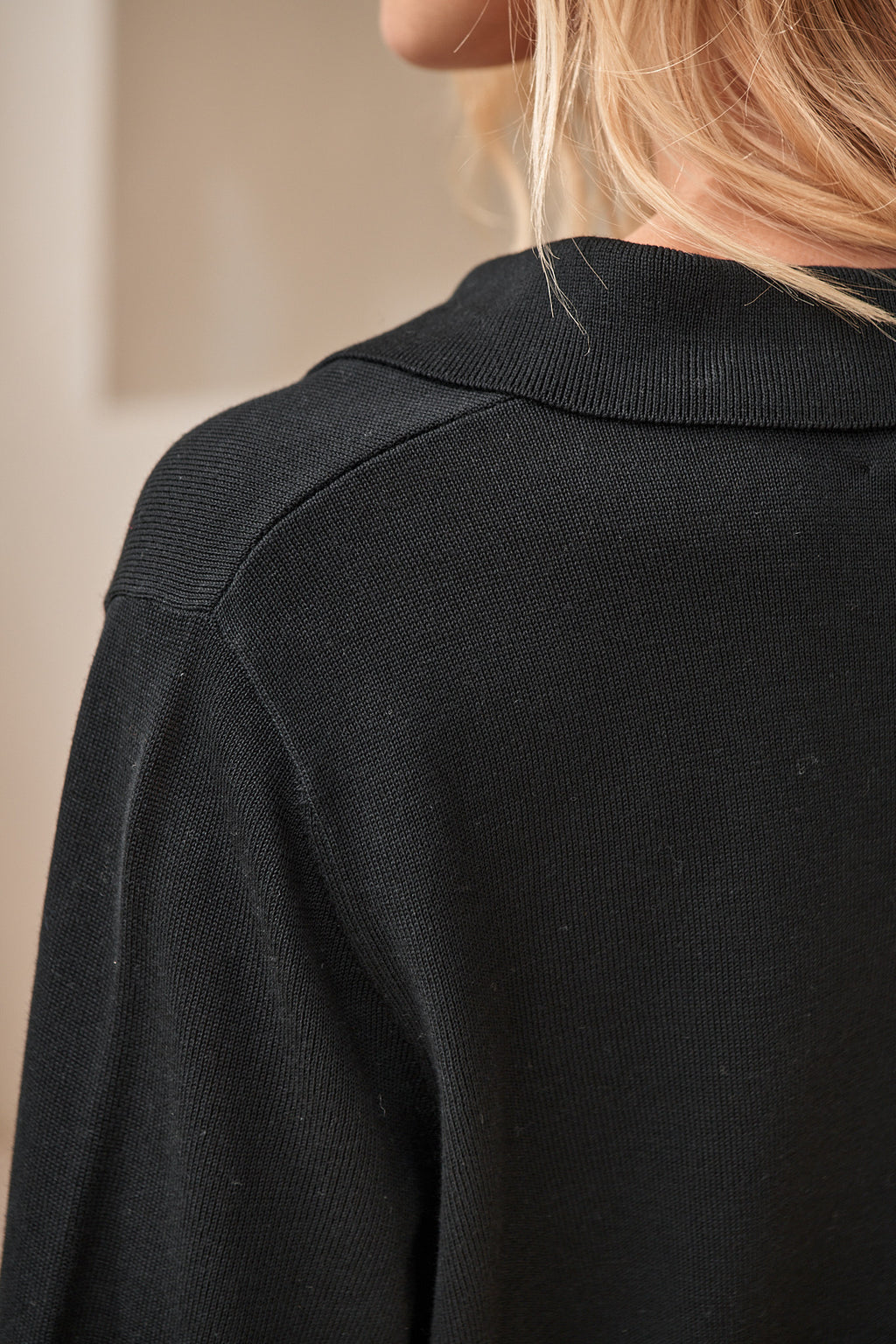Silk Blend Knit Polo Top - Black with a soft knit texture and relaxed fit ideal for layering in womens casual clothes.