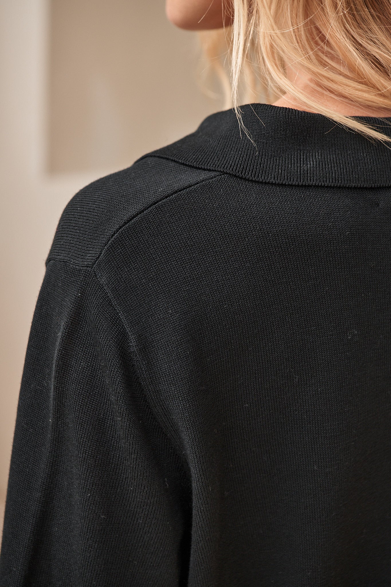 Silk Blend Knit Polo Top - Black with a soft knit texture and relaxed fit ideal for layering in womens casual clothes.