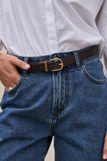 Leather Belt - Wide in dark brown leather with a gold metal buckle for a clean, polished finish.