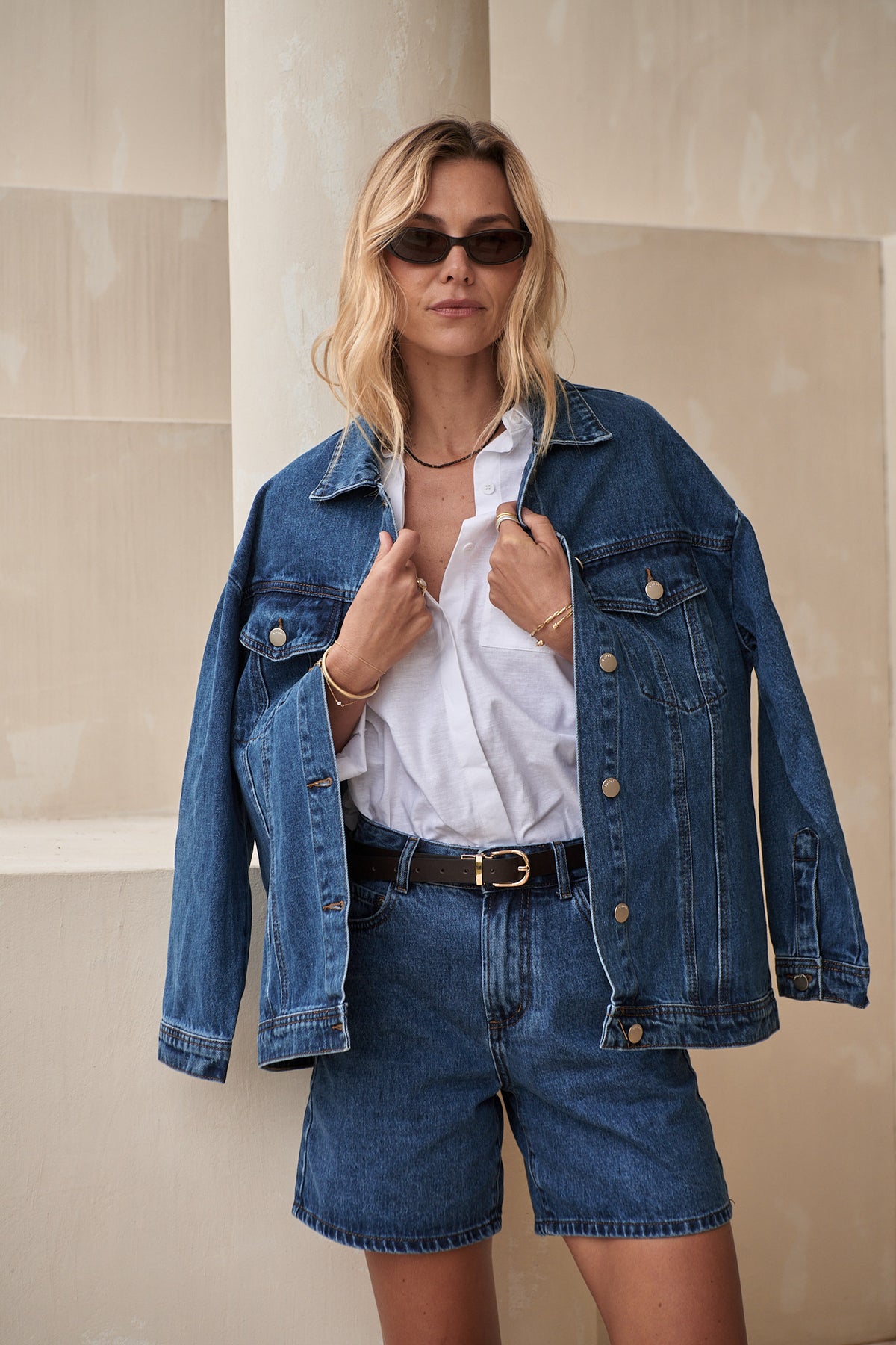 Mid Rise Denim Short - Washed Indigo in rigid denim with a structured fit that stays in place all day.