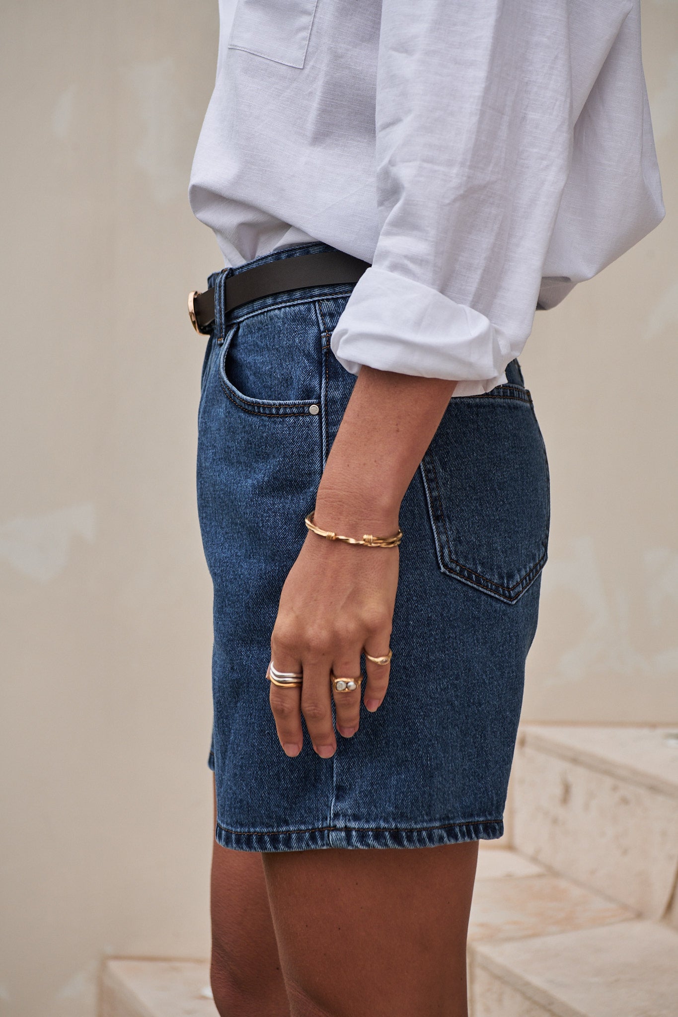 Mid Rise Denim Short - Washed Indigo in rigid denim with a clean silhouette that holds its shape all day.