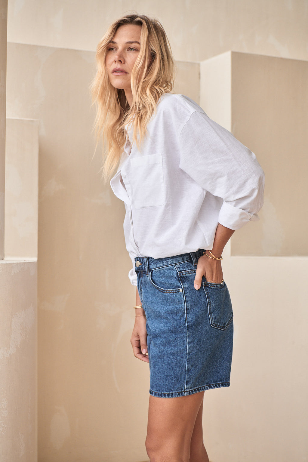 Mid Rise Denim Short - Washed Indigo in rigid denim with a clean mid rise silhouette that holds its shape all day.