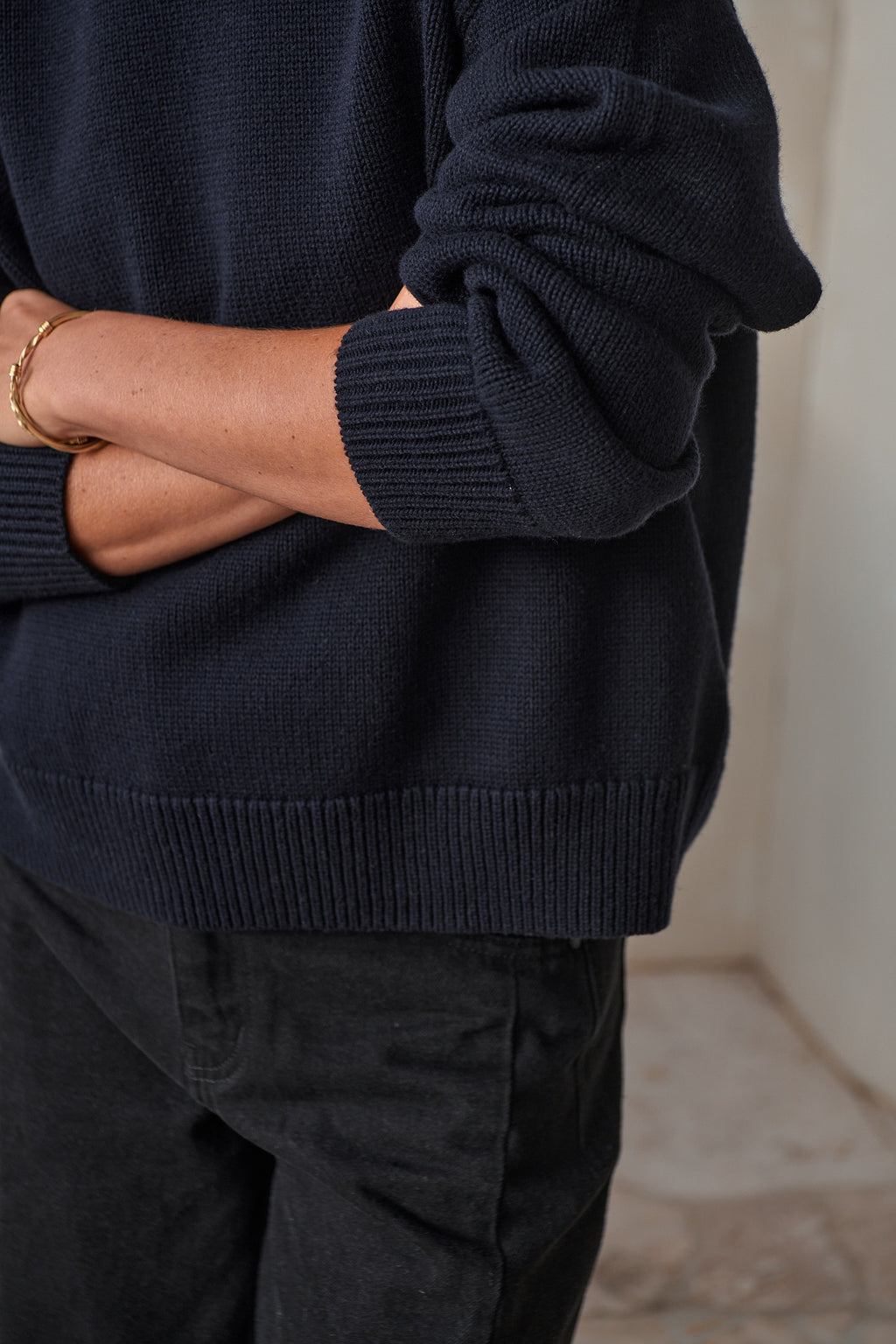 Merino Cotton Crew Jumper - Navy in a soft knit blend, featuring ribbed cuffs and hem for an easy, comfortable fit.
