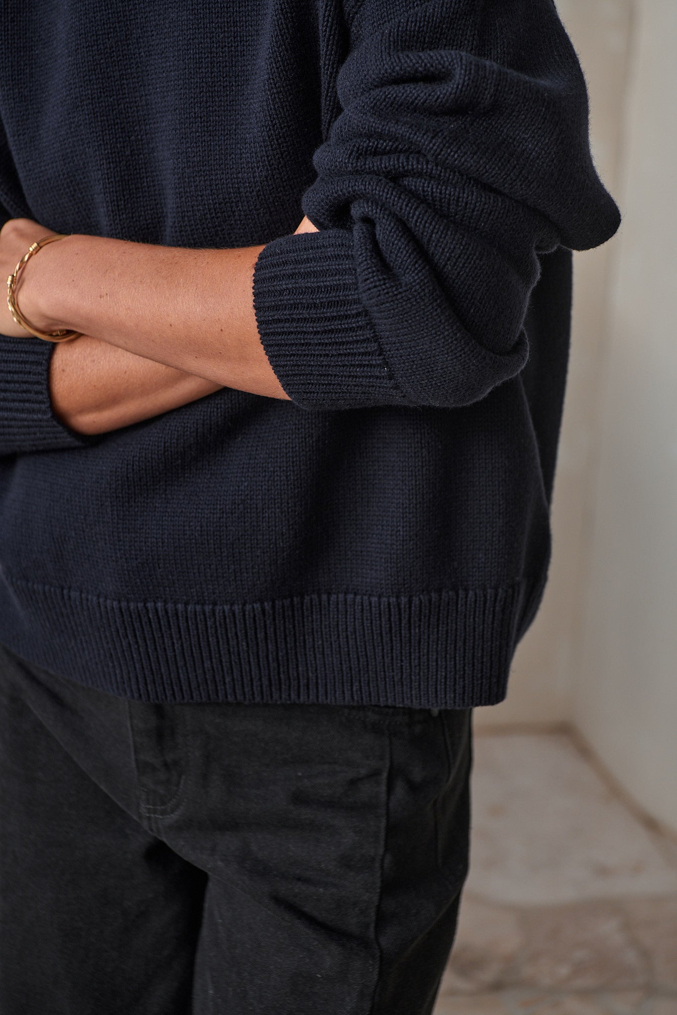 Merino Cotton Crew Jumper - Navy in a soft knit blend, featuring ribbed cuffs and hem for an easy, comfortable fit.