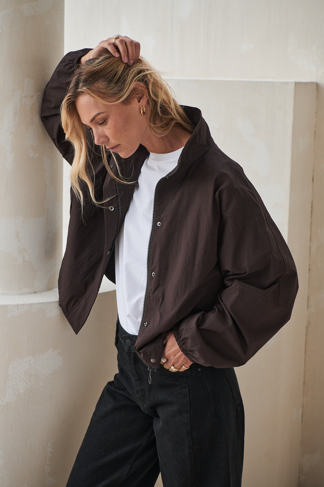 Nylon Track Jacket - Chocolate with a relaxed fit and zip front, made from lightweight nylon for casual layering.