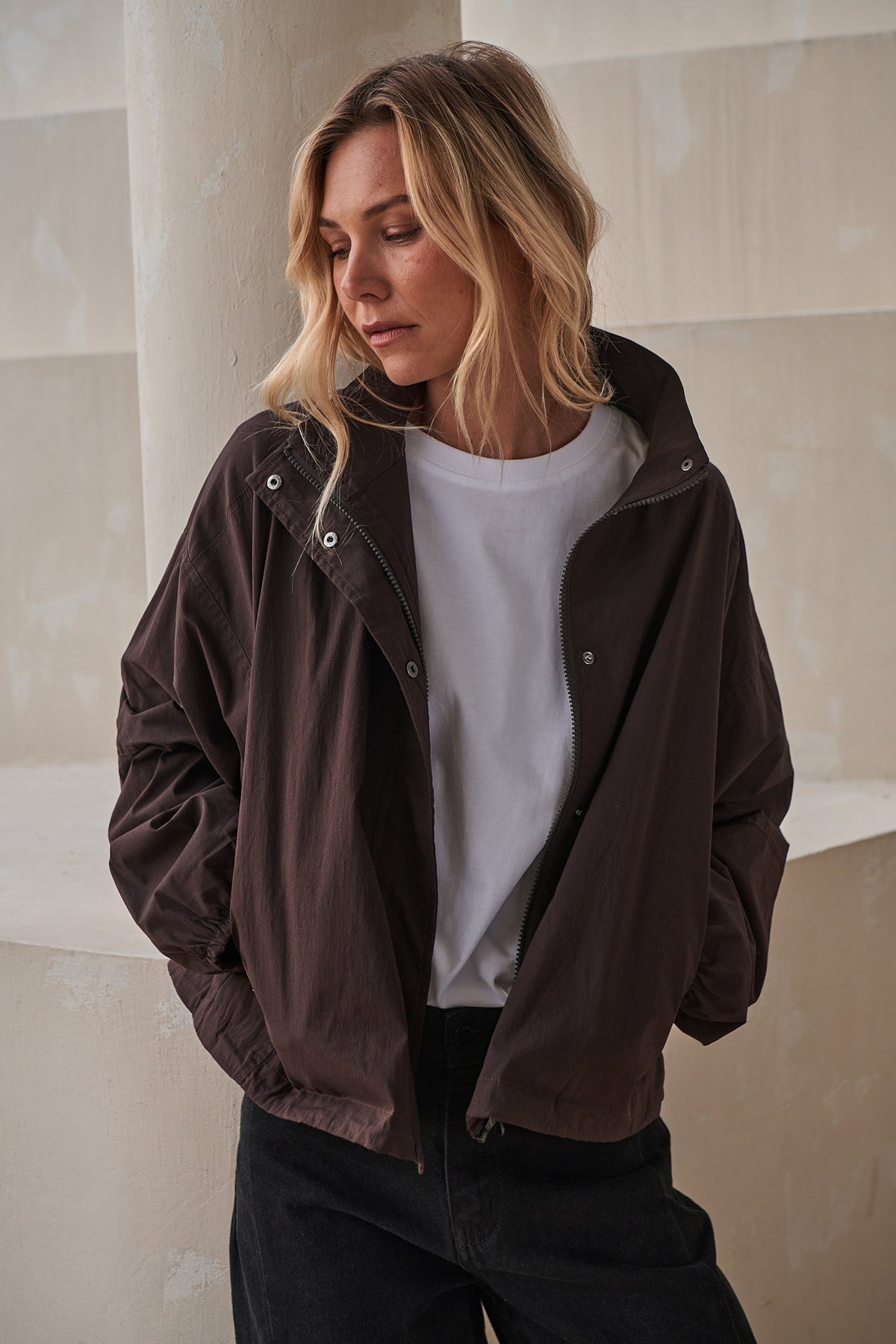 Nylon Track Jacket - Chocolate, lightweight nylon track jacket with a stand collar and adjustable waist