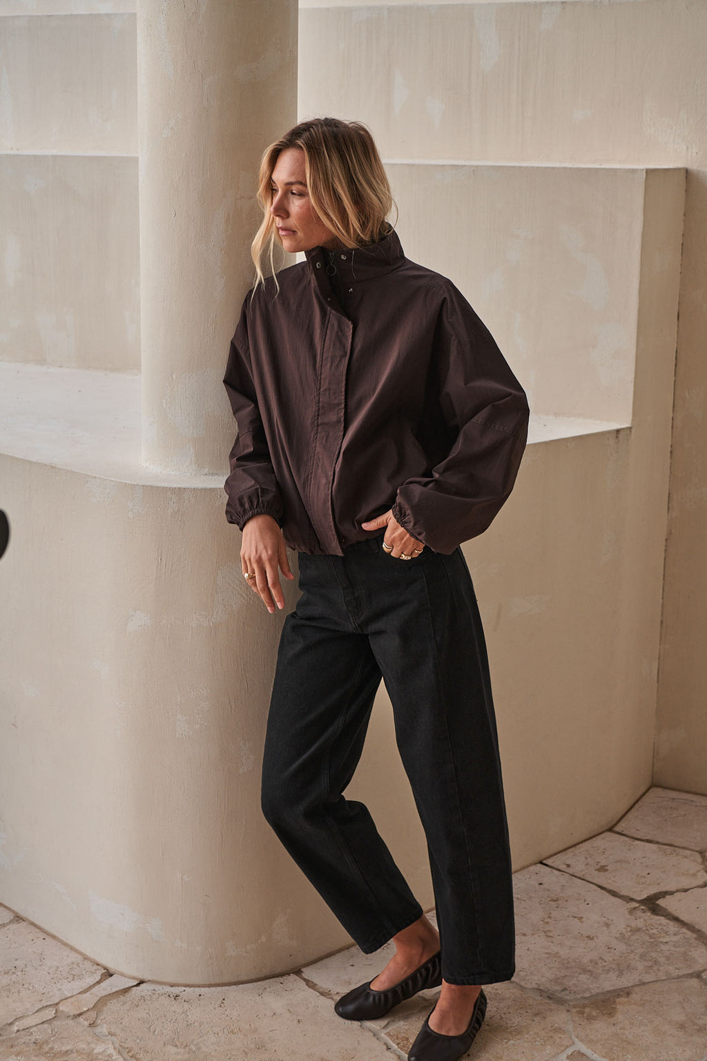 Nylon Track Jacket - Chocolate with a high collar and relaxed fit in durable fabric for casual layering.