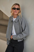Crop Zip Wool Jacket - Grey in herringbone wool with a relaxed fit and textured finish for an easy, everyday vibe.