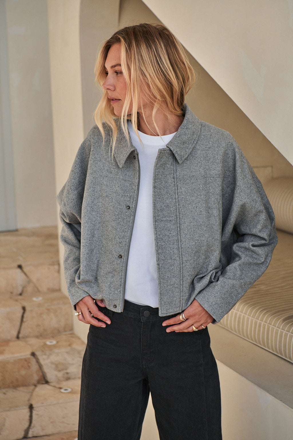 Crop Zip Wool Jacket - Grey in textured herringbone wool with a relaxed fit and classic collar for effortless layering.