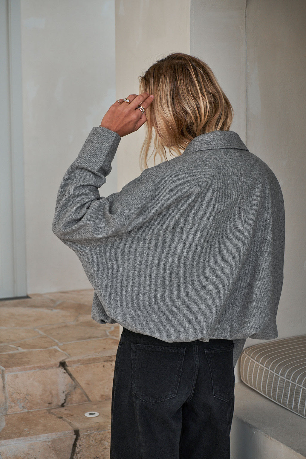 Crop Zip Wool Jacket - Grey in a soft wool fabric with a relaxed fit and subtle texture for casual layering.
