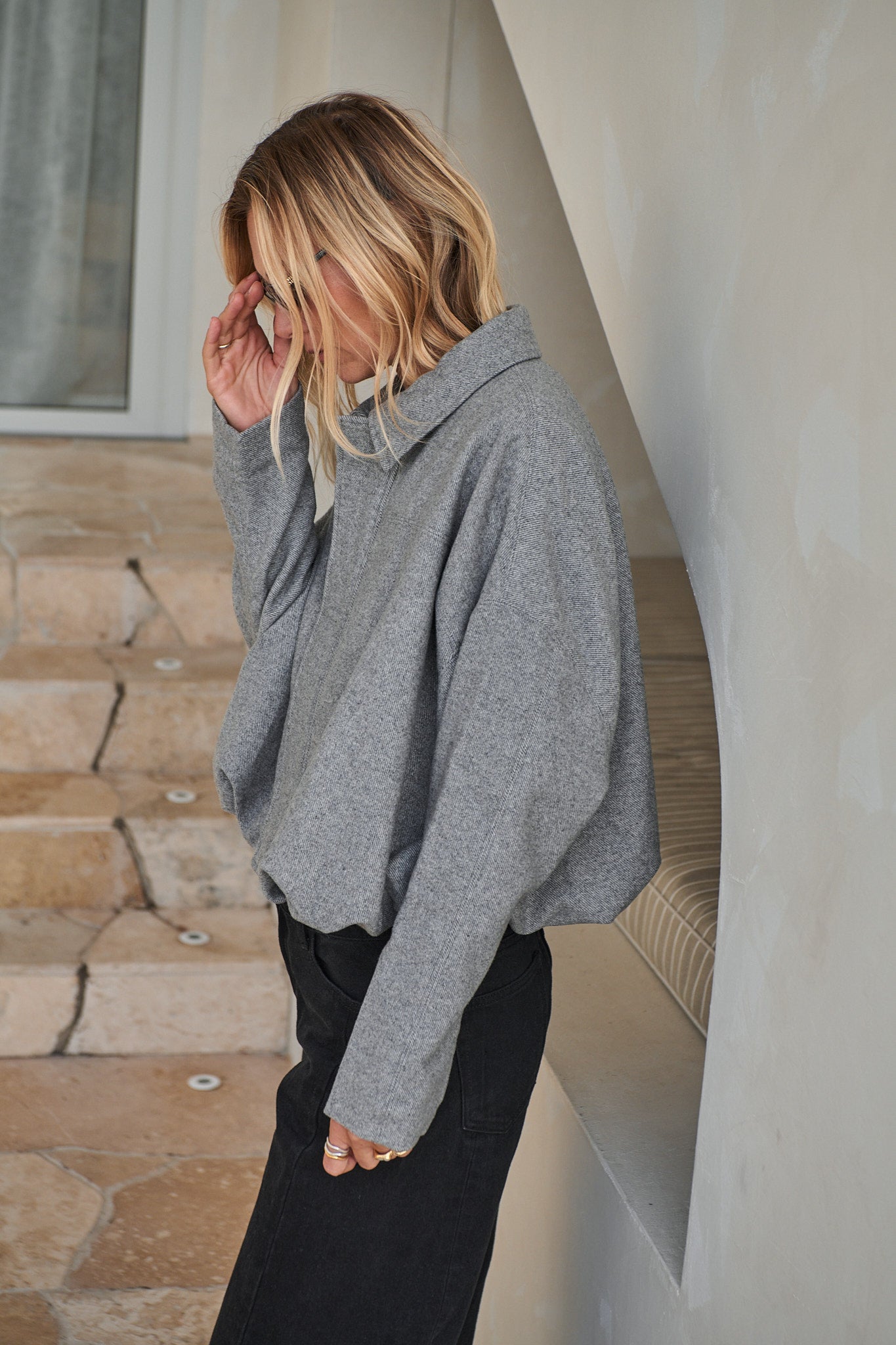 Crop Zip Wool Jacket - Grey woven in a textured herringbone wool with a relaxed, cropped fit for a laid-back look.