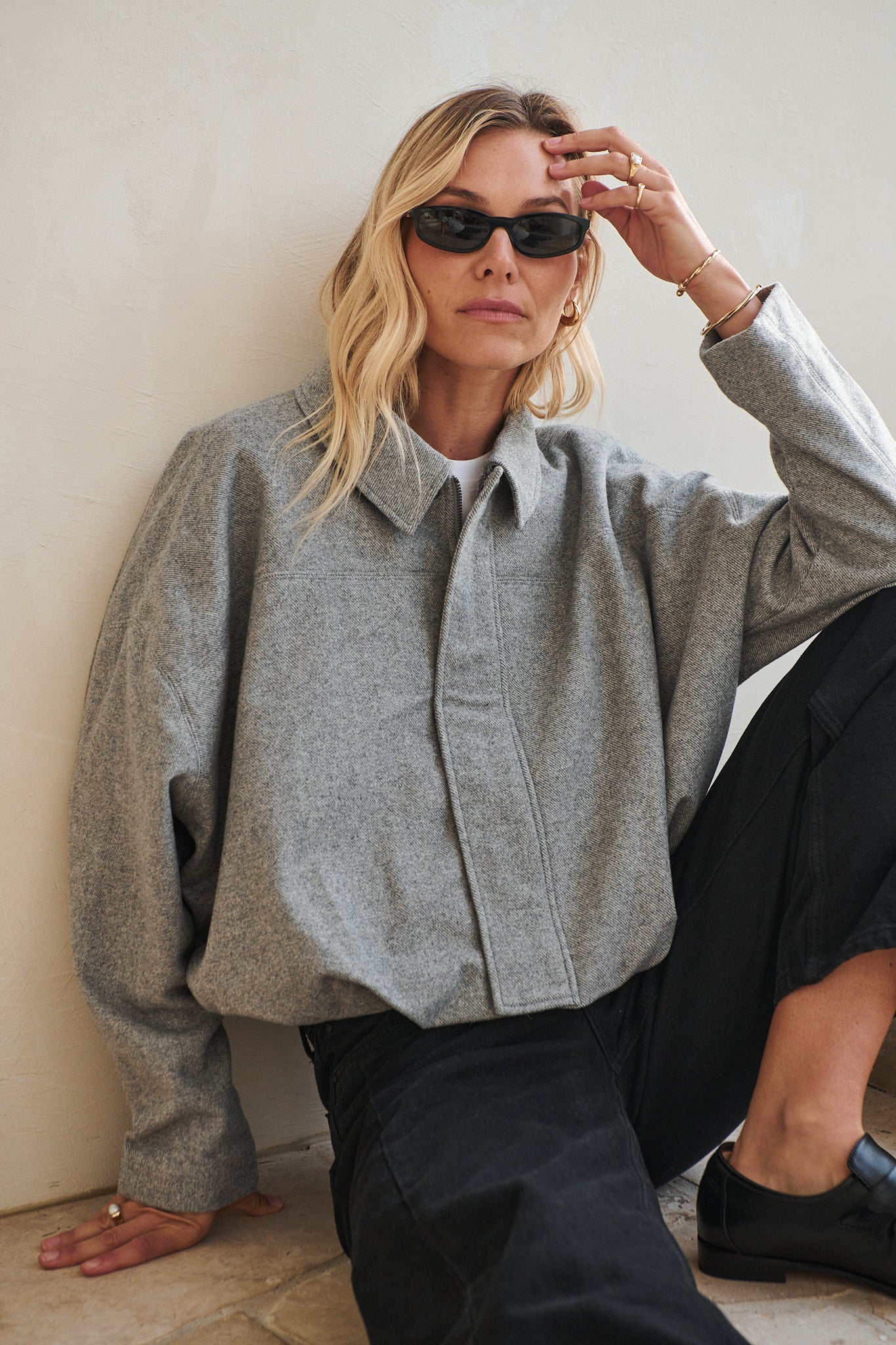 Crop Zip Wool Jacket - Grey in textured herringbone wool with a relaxed fit and subtle zip closure for a laid-back vibe.