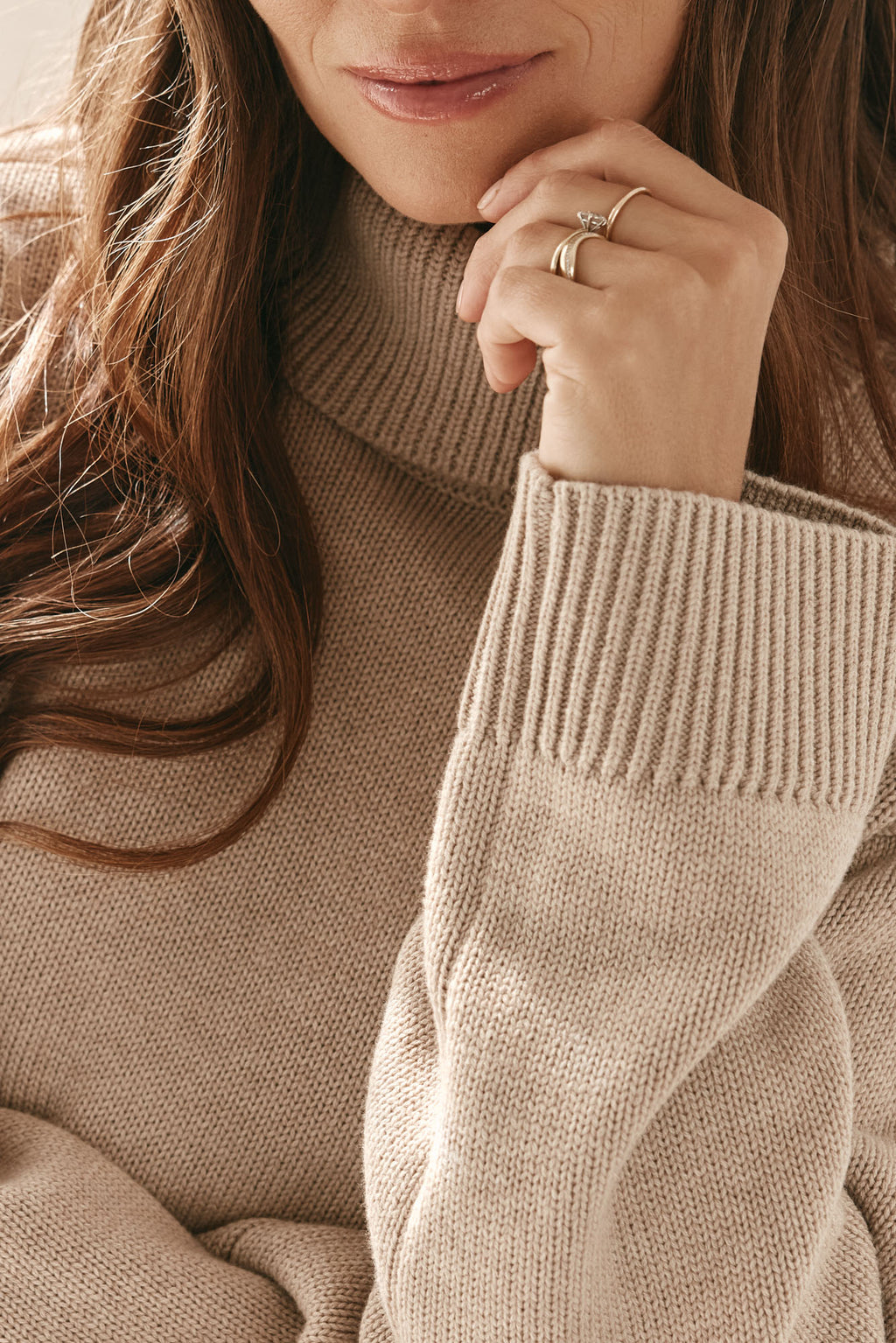 Merino Cotton Roll Neck Jumper - Suede in a soft knit with a cozy roll neck and ribbed cuffs for a relaxed, effortless vibe.