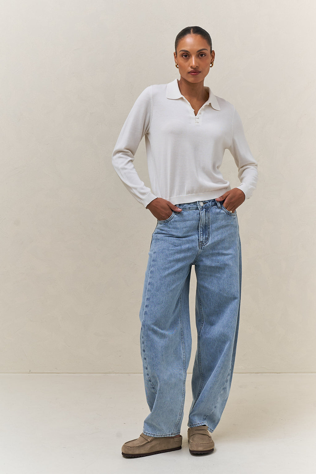 Silk Blend Knit Polo Top - Ivory in a soft knit fabric with long sleeves and a relaxed collar for easy layering