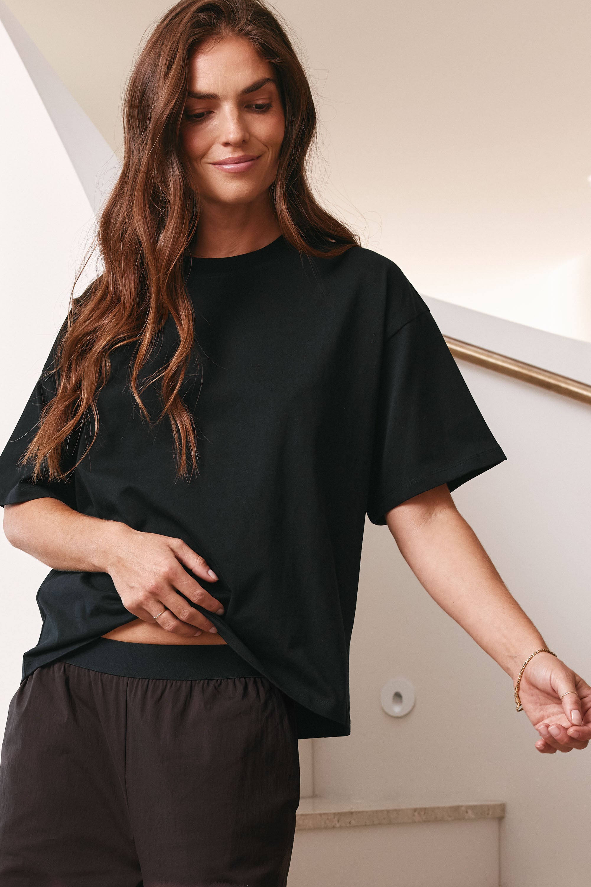 Relaxed Crew T Shirt - Black in mid-weight cotton with a boxy fit that maintains shape over time for comfortable womens clothes.