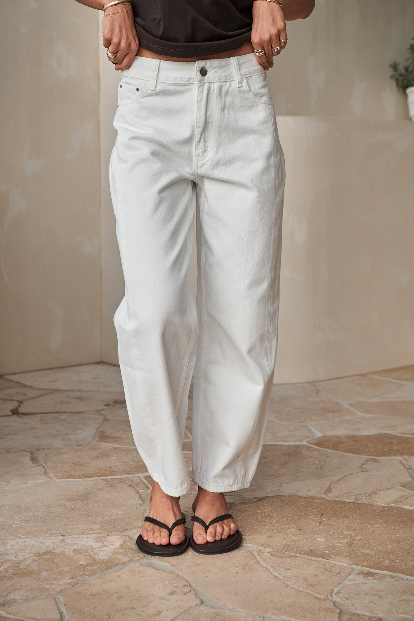 Mid Rise Barrel Jean - White in rigid denim with a rounded leg silhouette for comfortable womenswear.