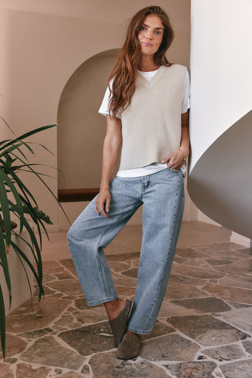 Mid Rise Barrel Jean - Light Blue in soft denim with a relaxed fit and mid-rise waist for an easygoing look.