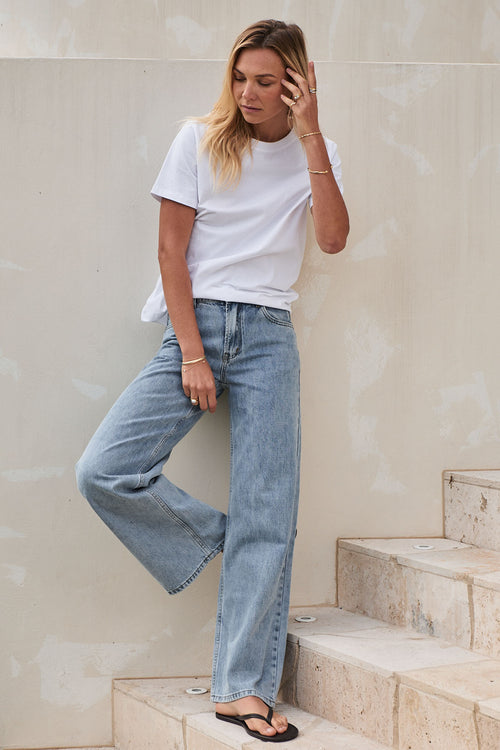 Mid Rise Wide Leg Jean - Light Blue in rigid denim with a clean wide leg that keeps its shape for easy casual wear.