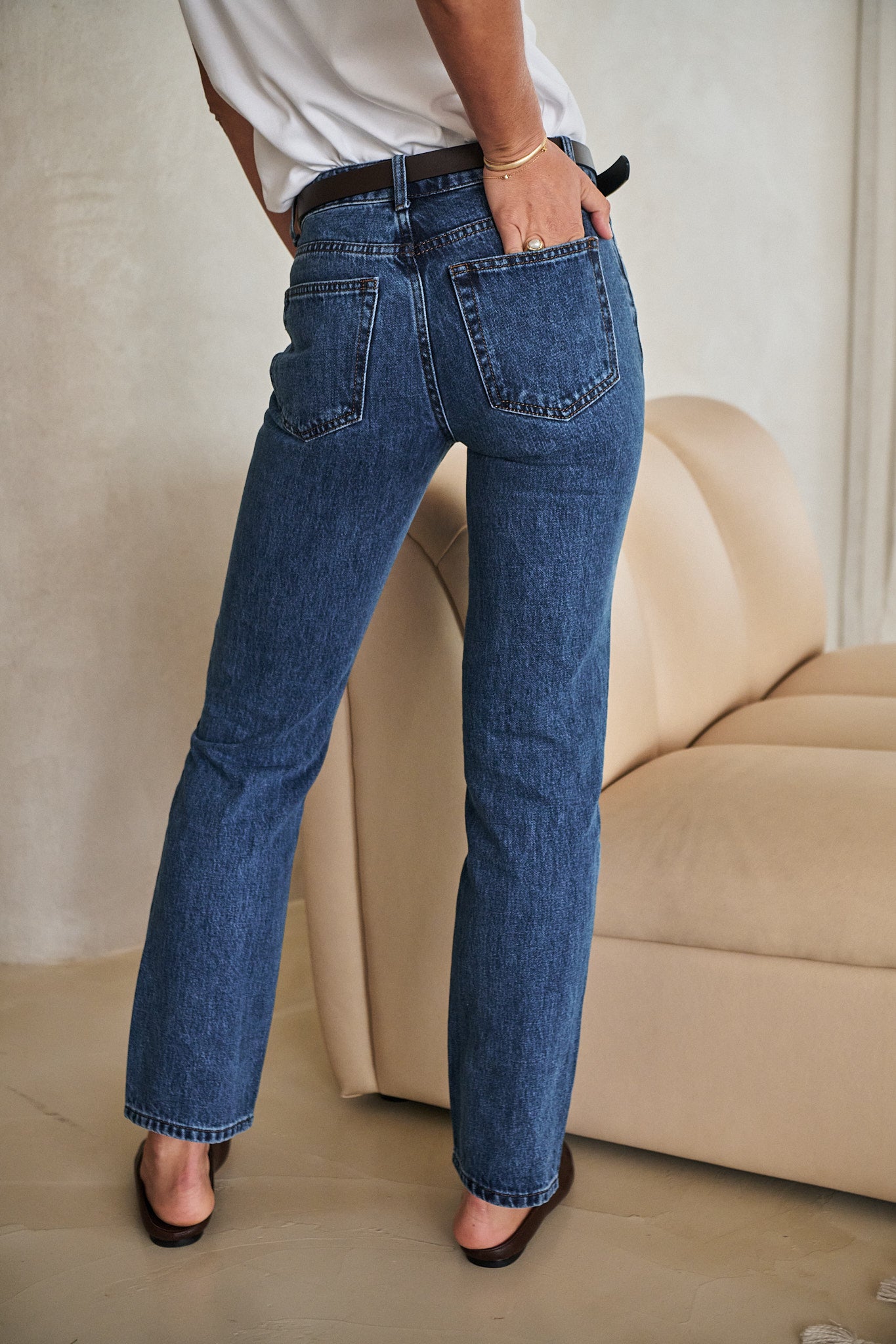 Mid Rise Straight Jean - Washed Indigo in firm denim with a slim, straight leg that holds its shape over time.