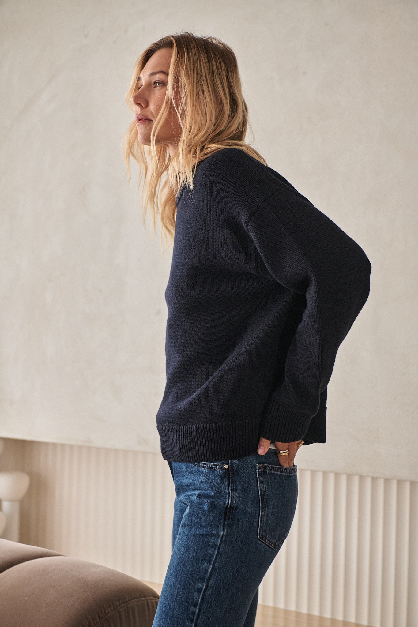 Merino Cotton Crew Jumper - Navy in soft merino wool and cotton with a classic crew neck and relaxed fit for easy layering.