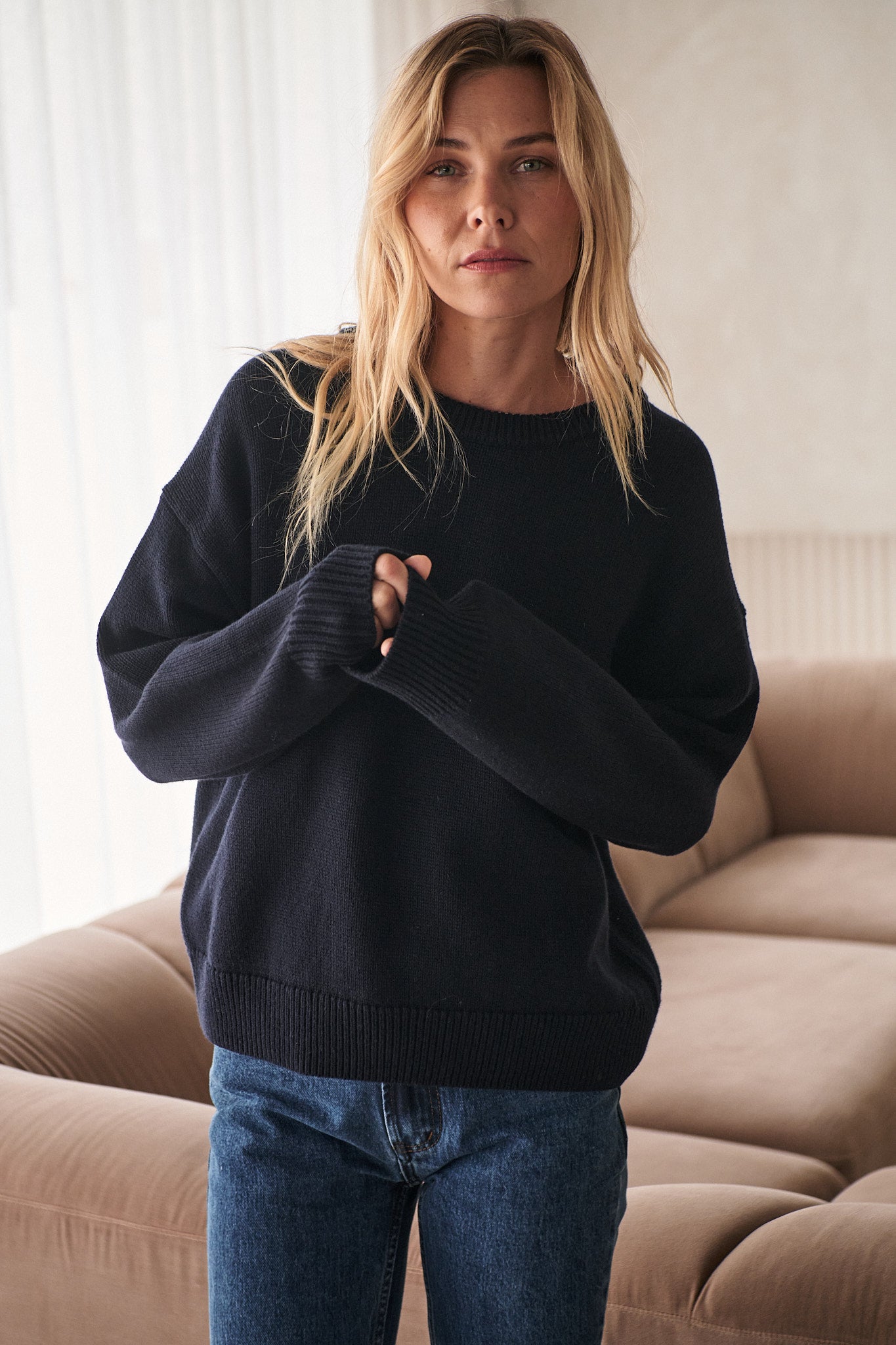 Merino Cotton Crew Jumper - Navy in soft merino wool and cotton with a relaxed fit and classic crew neck, for a laid-back vibe.