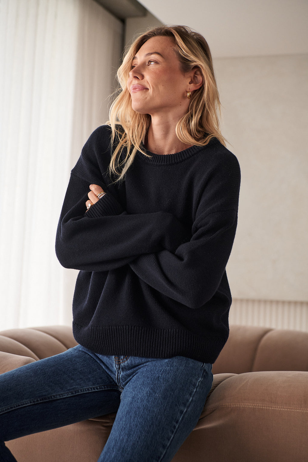 Merino Cotton Crew Jumper - Navy in soft knit of merino wool and cotton with a relaxed fit and classic crew neckline for everyday layering.