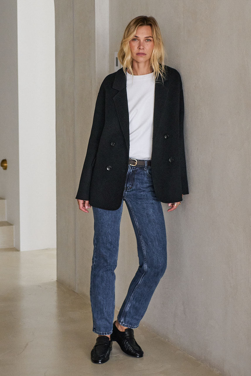 Mid Rise Straight Jean - Washed Indigo in firm denim with a slim, straight leg that maintains its shape over time.