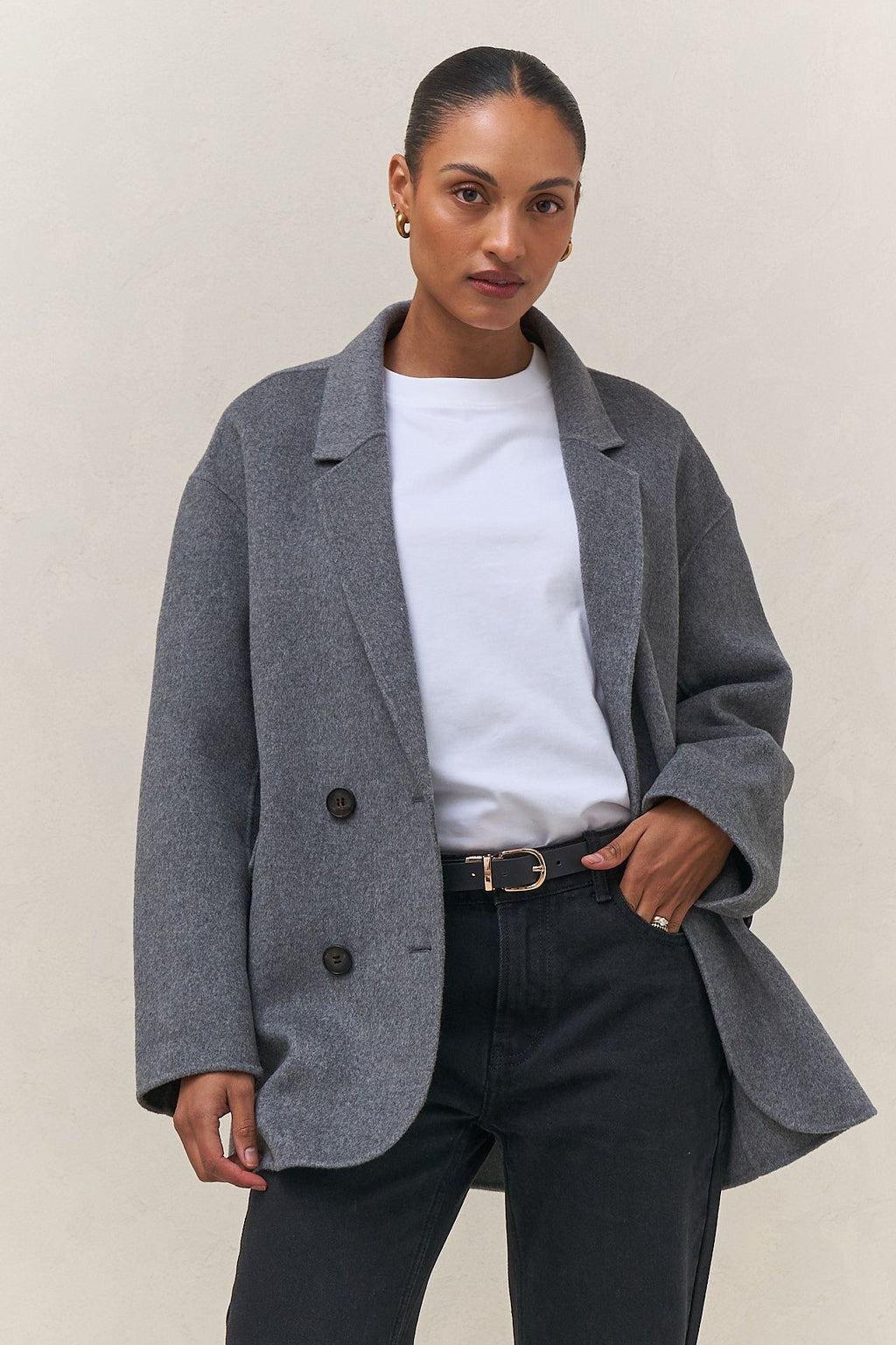 Double Breasted Wool Blazer - Charcoal in soft wool with a relaxed fit and clean, unlined interior for effortless layering.