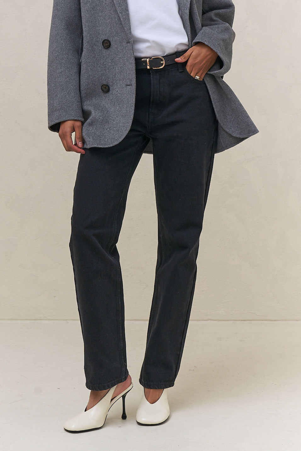 Mid Rise Straight Jean - Black in firm denim with a slim, straight leg that keeps its shape over time.
