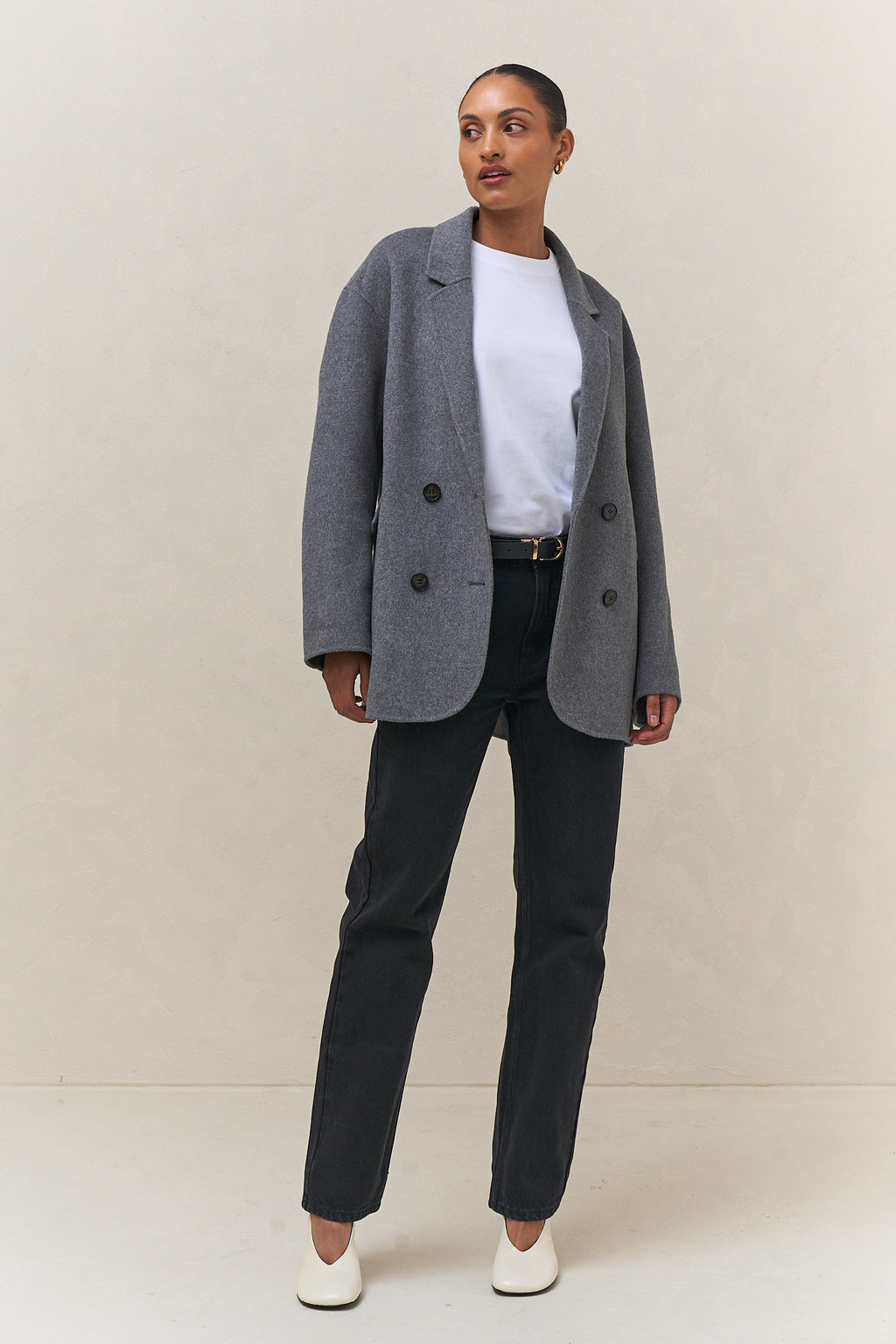 Double Breasted Wool Blazer - Charcoal in soft wool with a structured but unlined finish for easy layering and effortless polish.