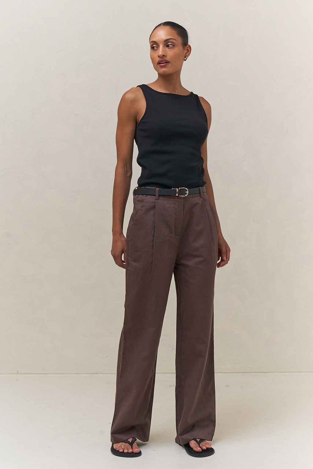 Wide Leg Linen Pant - Chocolate in soft linen fabric with a relaxed fit and timeless chocolate hue for an effortless feel.