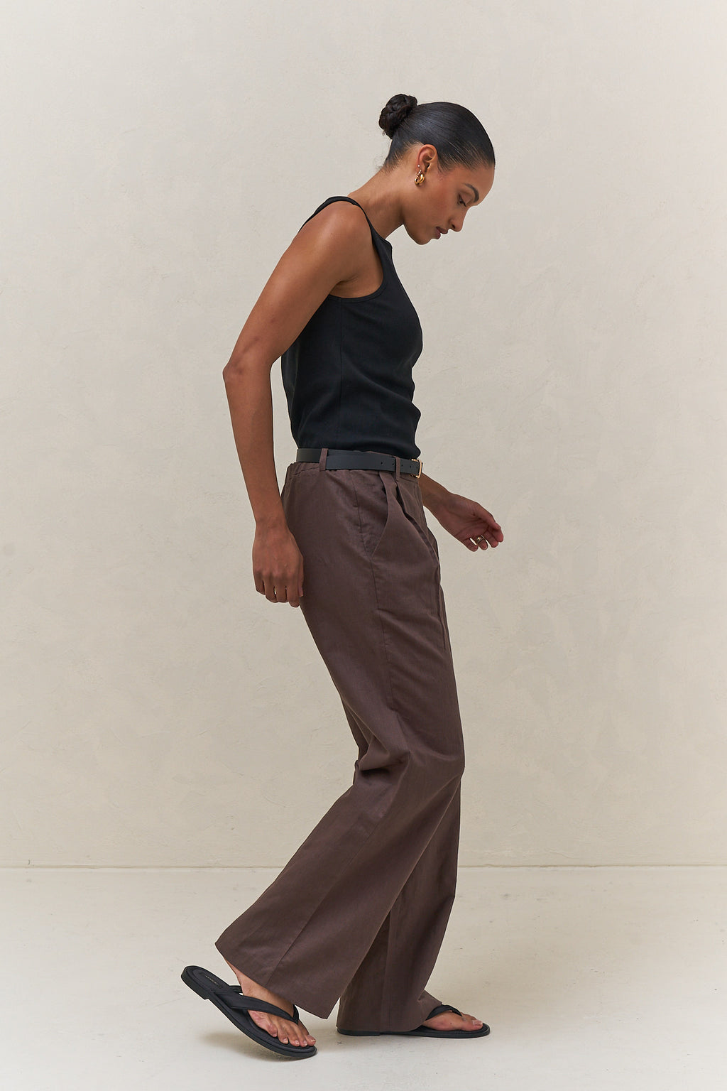 Wide leg linen pant in chocolate with a relaxed fit and breathable fabric for effortless comfort.
