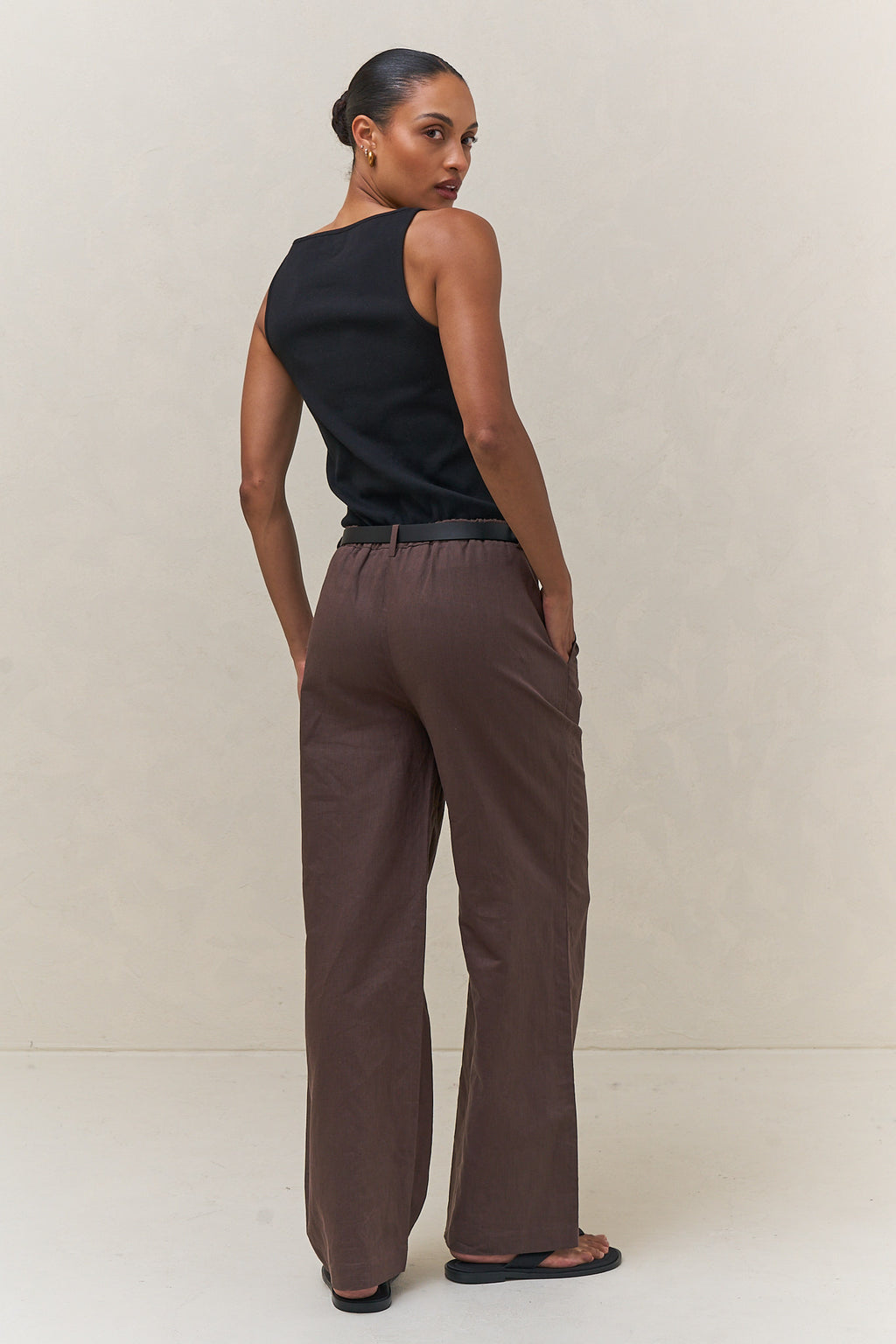Wide Leg Linen Pant - Chocolate in a relaxed fit with a soft linen texture for a laid-back, effortlessly cool vibe.