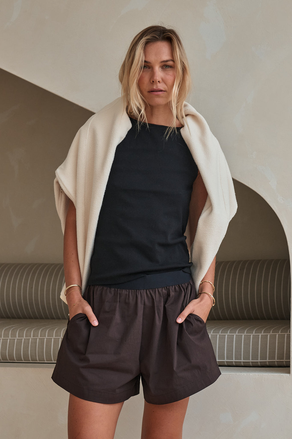 Nylon Track Short - Chocolate in lightweight nylon with an elastic waistband and relaxed fit for easy, casual layering.