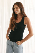 Scoop Neck Rib Tank - Black in a soft knit with a relaxed rib texture that moves comfortably with the body.