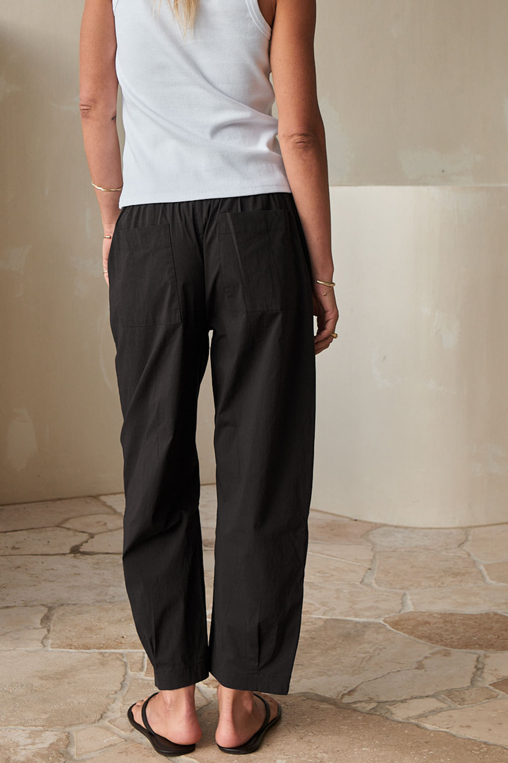 Nylon Barrel Pant - Chocolate in stretch nylon with an adjustable elastic waist and relaxed barrel shape for easygoing comfort.
