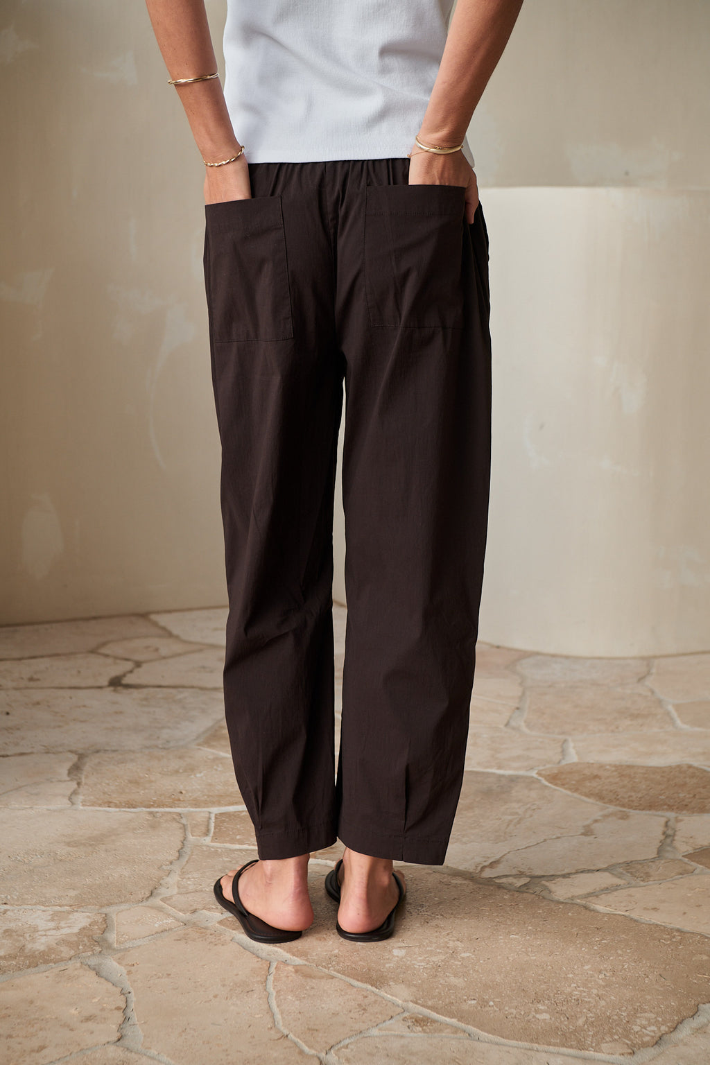 Nylon Barrel Pant - Chocolate in stretch nylon with an adjustable elastic waist and roomy barrel silhouette for easy comfort.