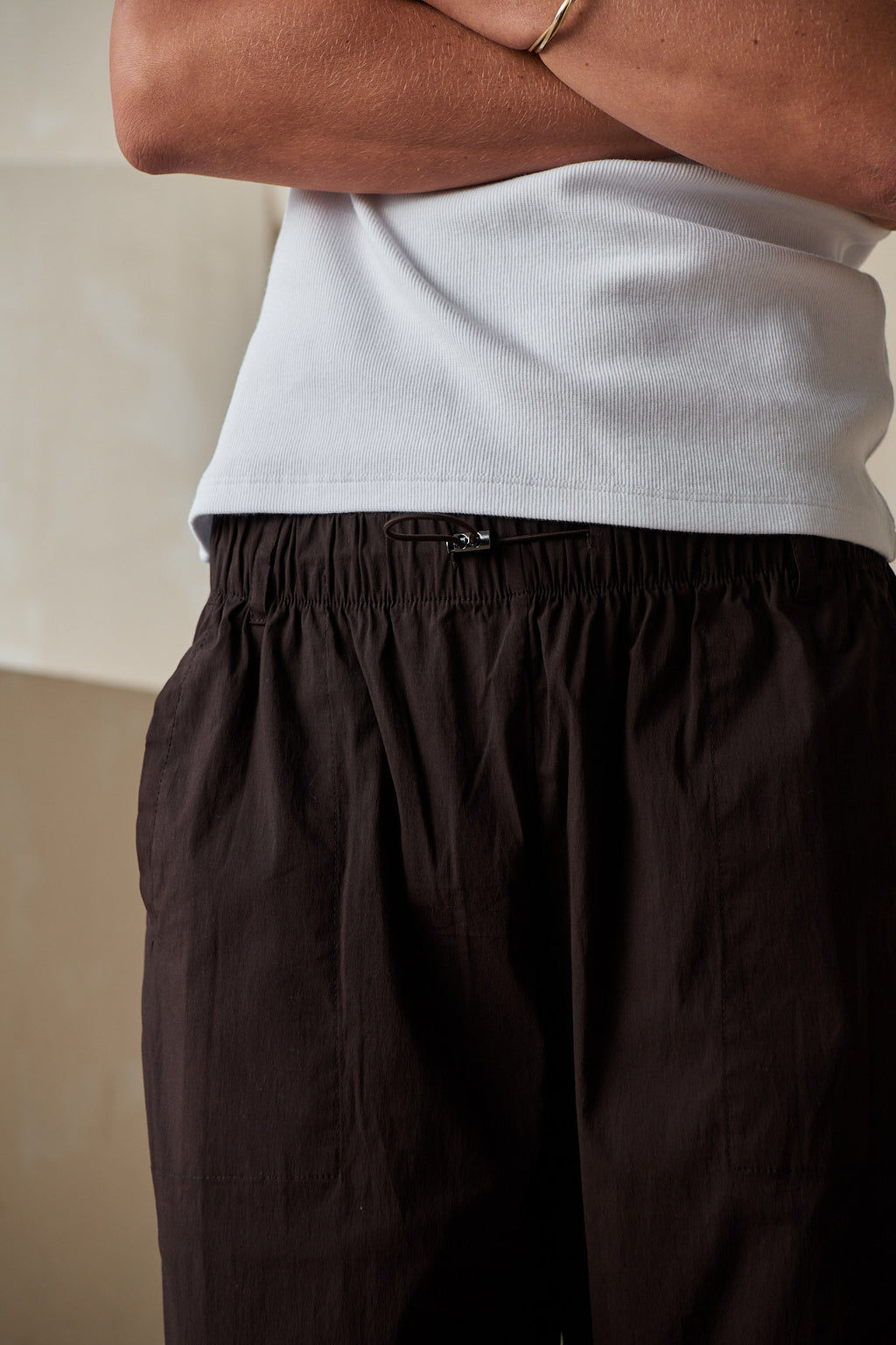 Nylon Barrel Pant - Chocolate in a structured stretch nylon with an adjustable elastic waist for a relaxed silhouette.