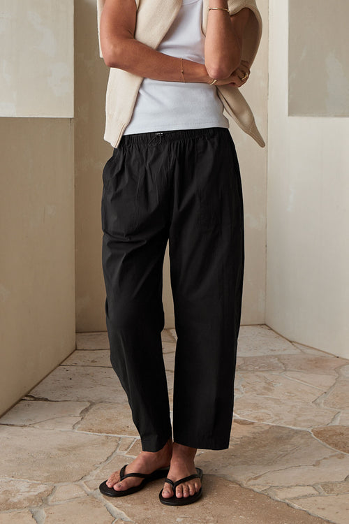 Nylon Barrel Pant - Chocolate in a deep brown stretch nylon with an adjustable elastic waist and relaxed barrel silhouette for effortless comfort.