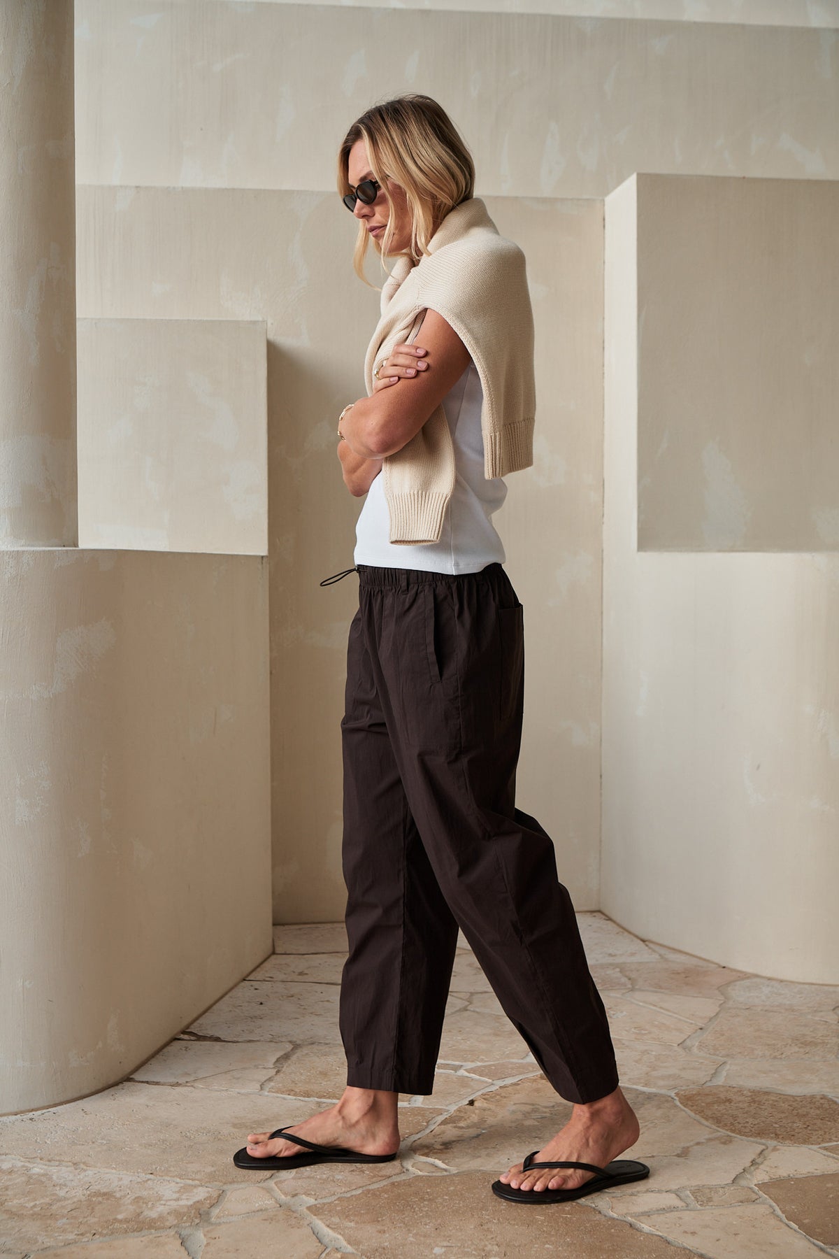 Nylon Barrel Pant - Chocolate in stretch nylon with an adjustable elastic waist and a rounded silhouette for easy, laid-back wear.