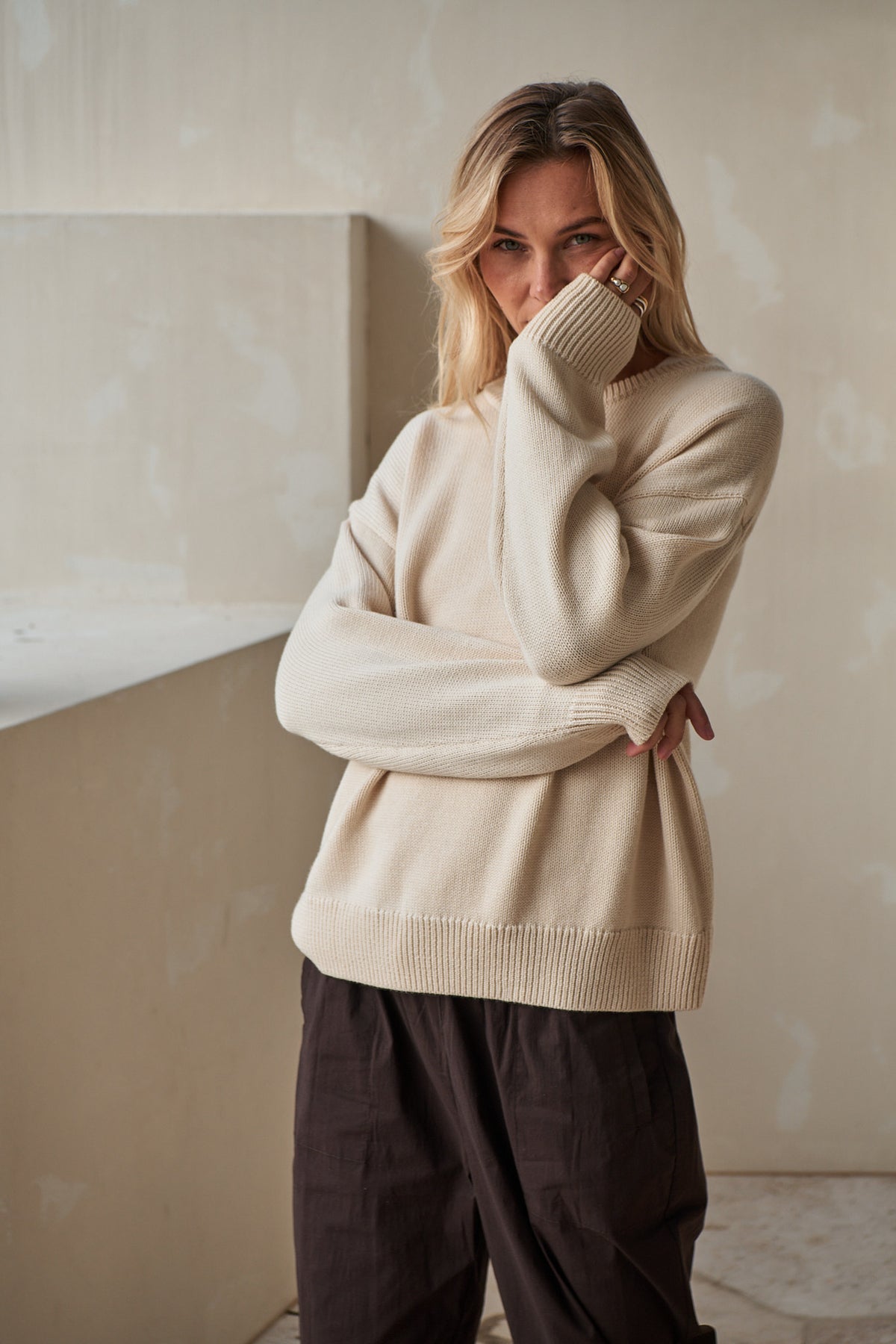 Merino Cotton Crew Jumper - Whipped Cream in soft merino wool and cotton knit with a relaxed fit and ribbed cuffs.
