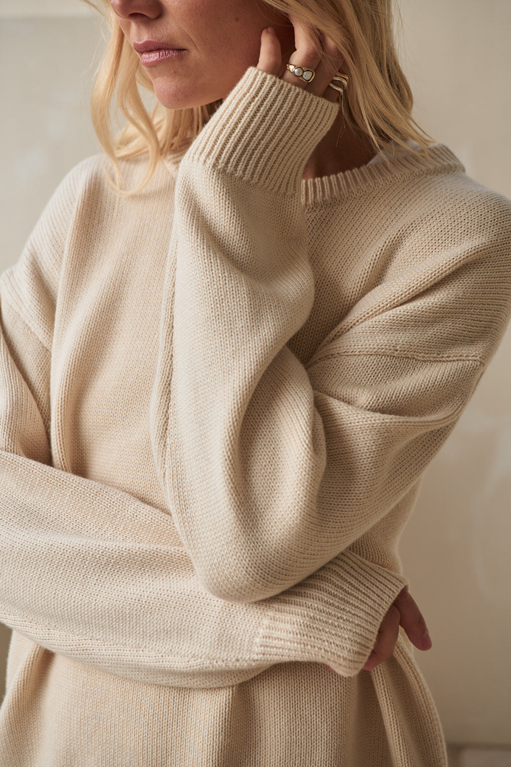 Merino Cotton Crew Jumper - Whipped Cream in soft merino wool and cotton with a relaxed fit and cozy ribbed cuffs.