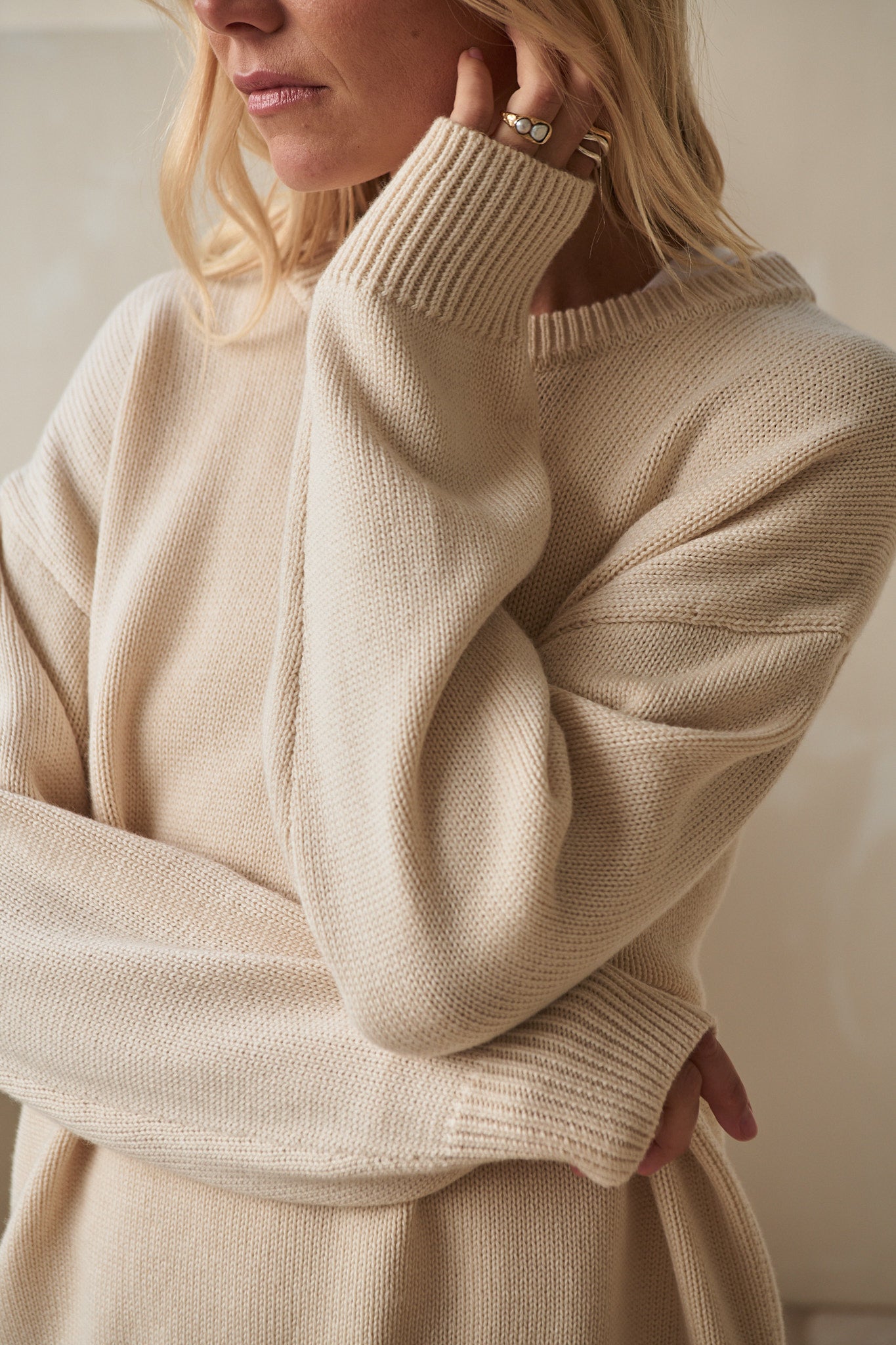Merino Cotton Crew Jumper - Whipped Cream in soft merino wool and cotton with a relaxed fit and cozy ribbed cuffs.