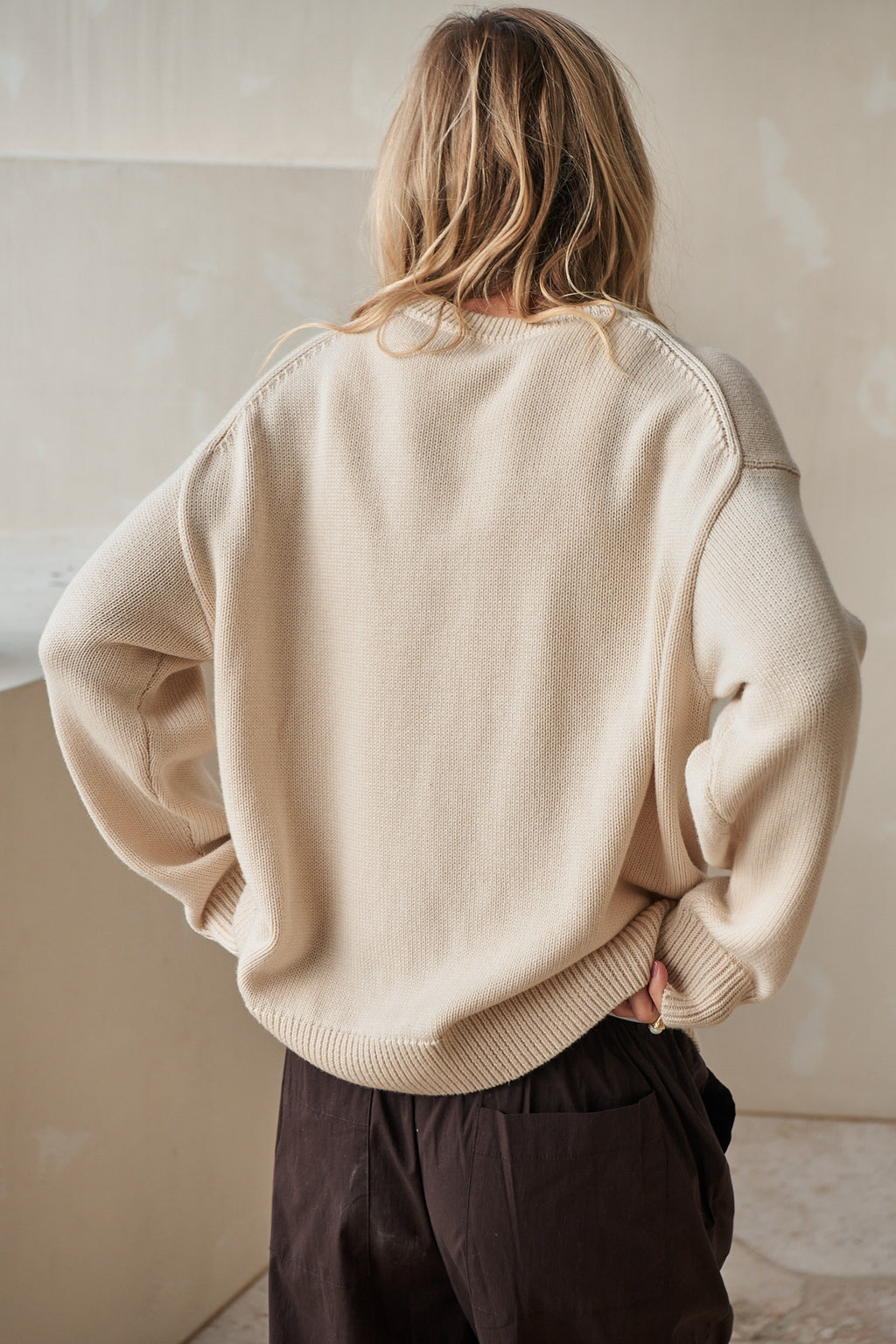 Merino Cotton Crew Jumper - Whipped Cream in a soft knit blend of merino wool and cotton, perfect for cozy casual days.